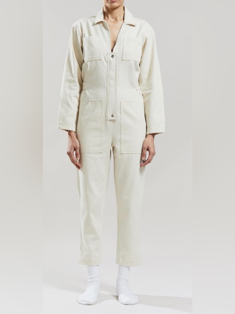 STILL HERE SELMA JUMPSUIT IN BONE Long Sleeve Zip Front Cotton Sz Small